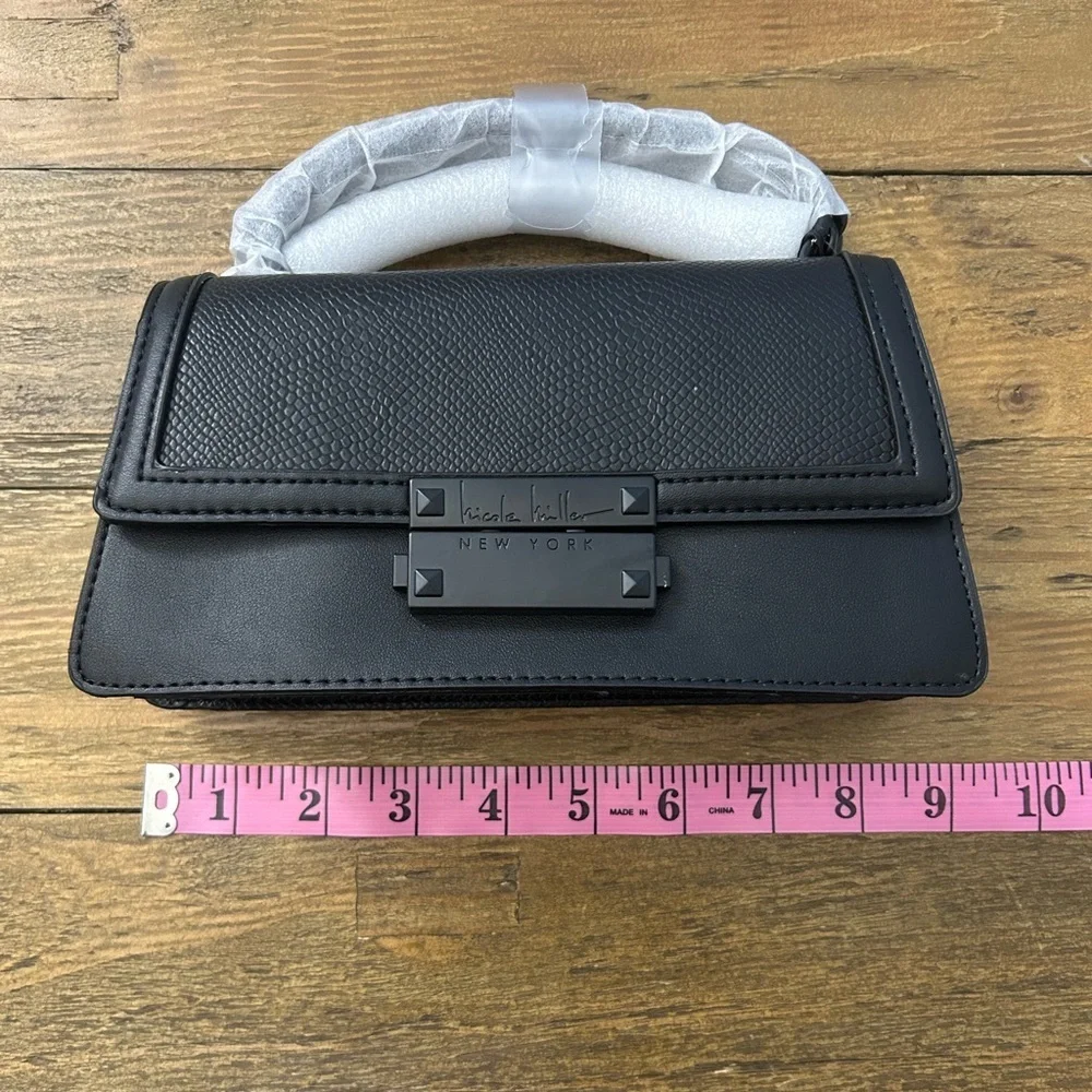 NICOLE MILLER Black Top Handle Crossbody Bag Matte Black Hardware Chain Strap